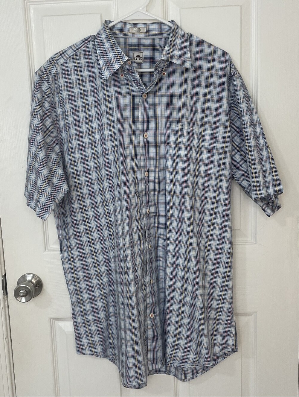 Peter Millar 100% Cotton Blue and White Plaid Short-Sleeve Button-Down Shirt  L